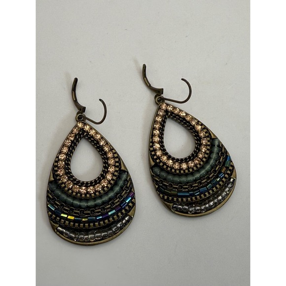 Boho Beaded Teardrop Dangle Earrings Bronze Tone Mixed Media - Picture 4 of 7